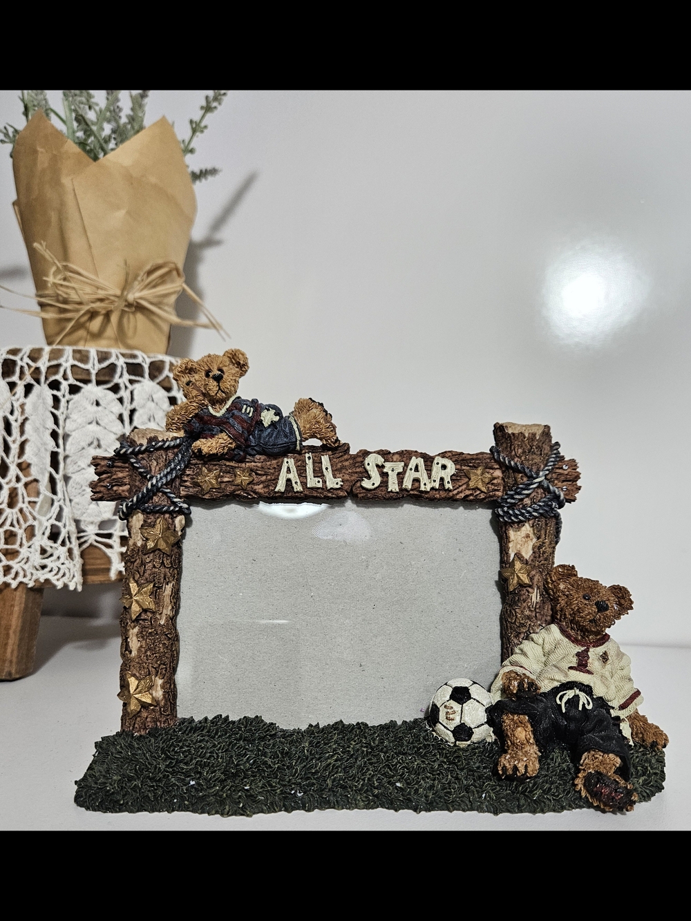 Boyds Bearstone Rocky All Star Soccer Bear Photo Frame 1999 Sports Nursery Decor
